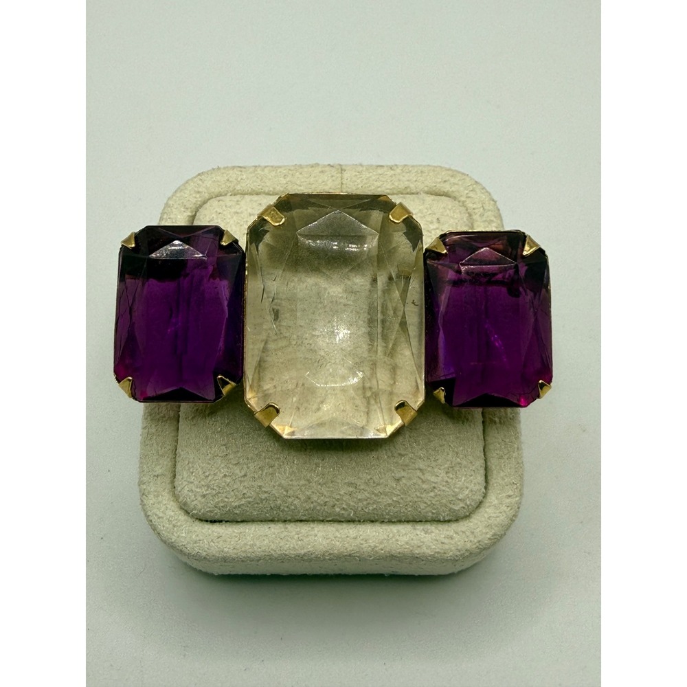 Vintage AVON Purple and Clear Crystal Emerald Cut Gold Tone Statement Brooch Pin